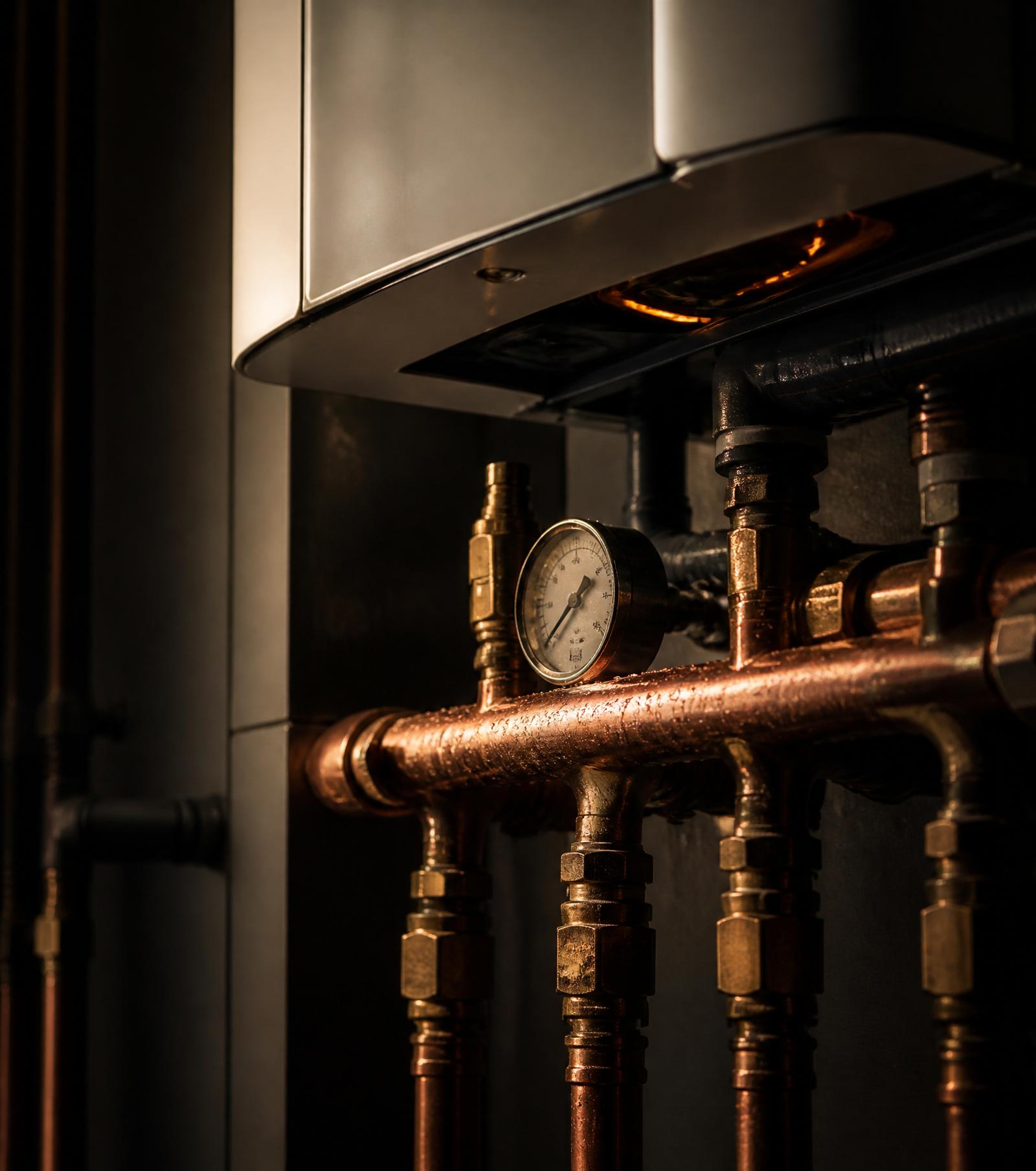 Copper gas manifold and pressure gauge on a wall-mounted high-efficiency condensing boiler installed by Demo Plumbing Company 2 in Surrey, BC